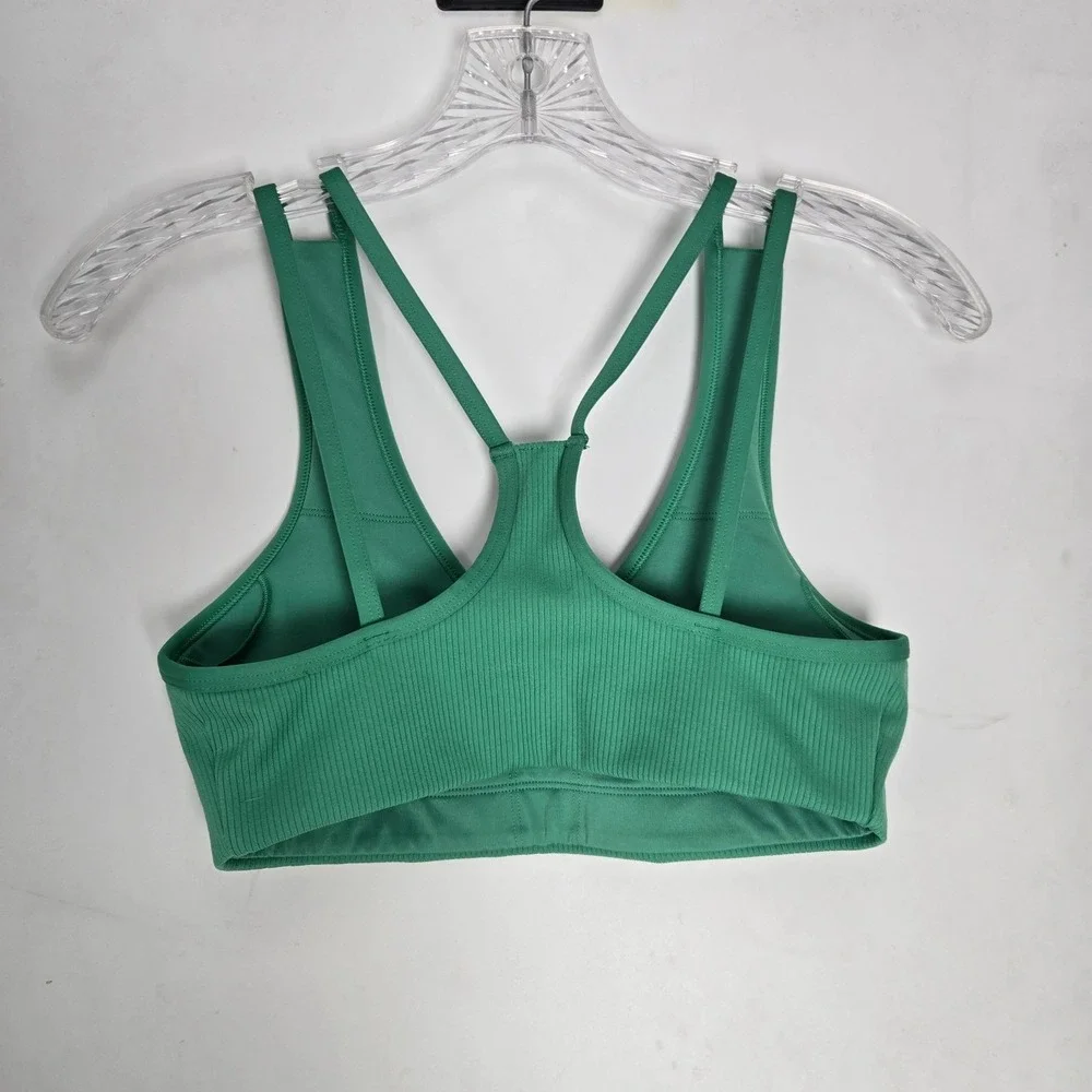 Alo Yoga XS Airlift Jump Start Ribbed Sports Bra Green Racerback V Neck Athletic